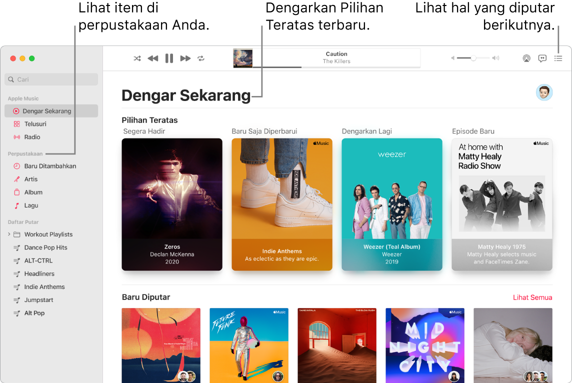 Jendela app Musik menampilkan cara untuk melihat perpustakaan Anda, mendengarkan Apple Music, dan melihat lagu yang akan diputar berikutnya.