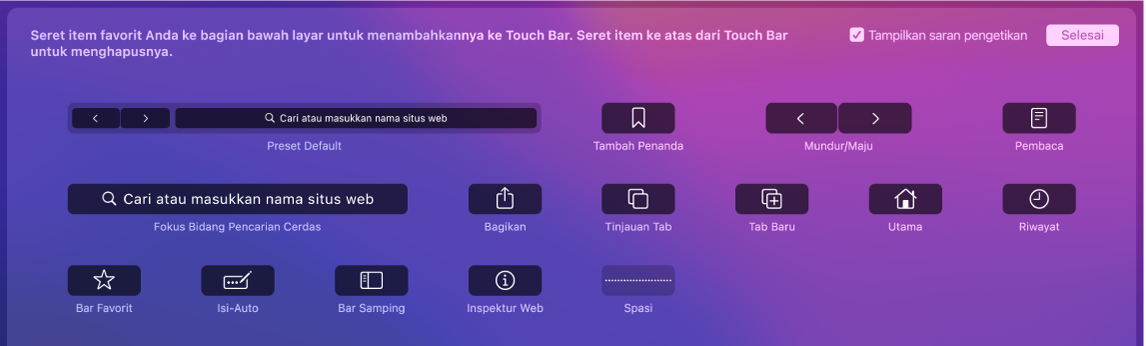 Pilihan Sesuaikan Safari yang dapat diseret ke Touch Bar.