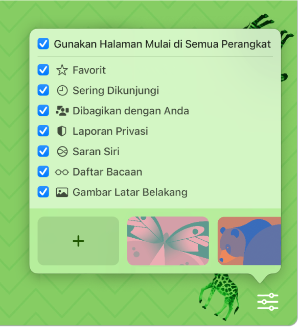 Menu pop-up Sesuaikan Safari dengan kotak centang untuk Favorit, Sering Dikunjungi, Laporan Privasi, Saran Siri, Daftar Bacaan, dan Gambar Latar Belakang.