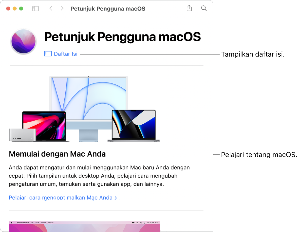 Untuk menemukan topik di Petunjuk Pengguna macOS, Anda dapat menelusuri atau mencari.