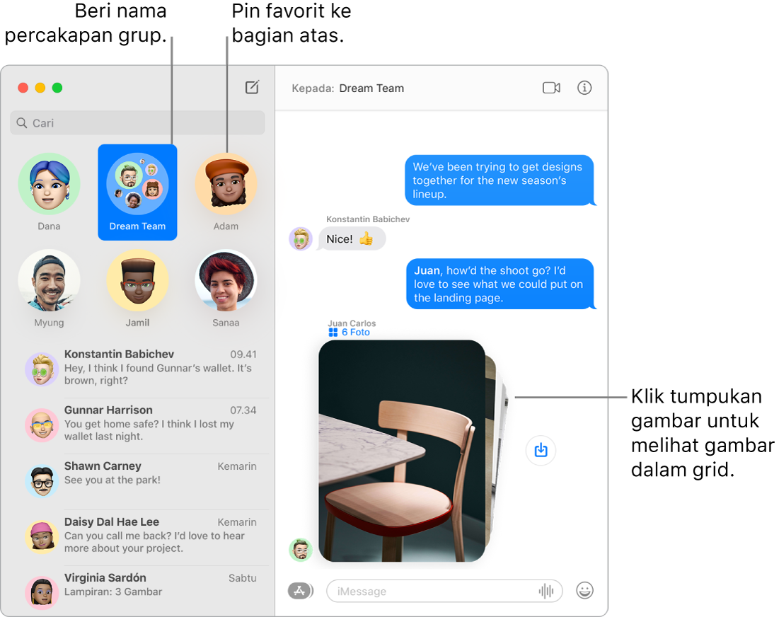 Pesan Jendela dengan obrolan grup dan obrolan terpisah yang dipin di bagian atas kolom kiri. Di obrolan di sebelah kanan terdapat tumpukan enam foto dengan tombol Simpan Foto di sampingnya.