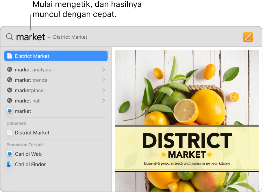 Jendela Spotlight menampilkan hasil pencarian di sebelah kiri.
