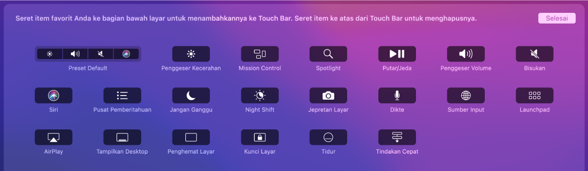 Item yang dapat Anda sesuaikan di Control Strip dengan menyeretnya ke Touch Bar.