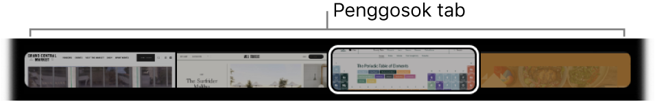 Penggosok tab di Touch Bar Safari. Menampilkan pratinjau kecil dari setiap tab yang dibuka.