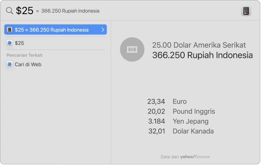 Jepretan layar menampilkan dolar yang dikonversi ke peso dengan hasil teratas menampilkan konversi dan beberapa hasil lainnya yang dapat dipilih.