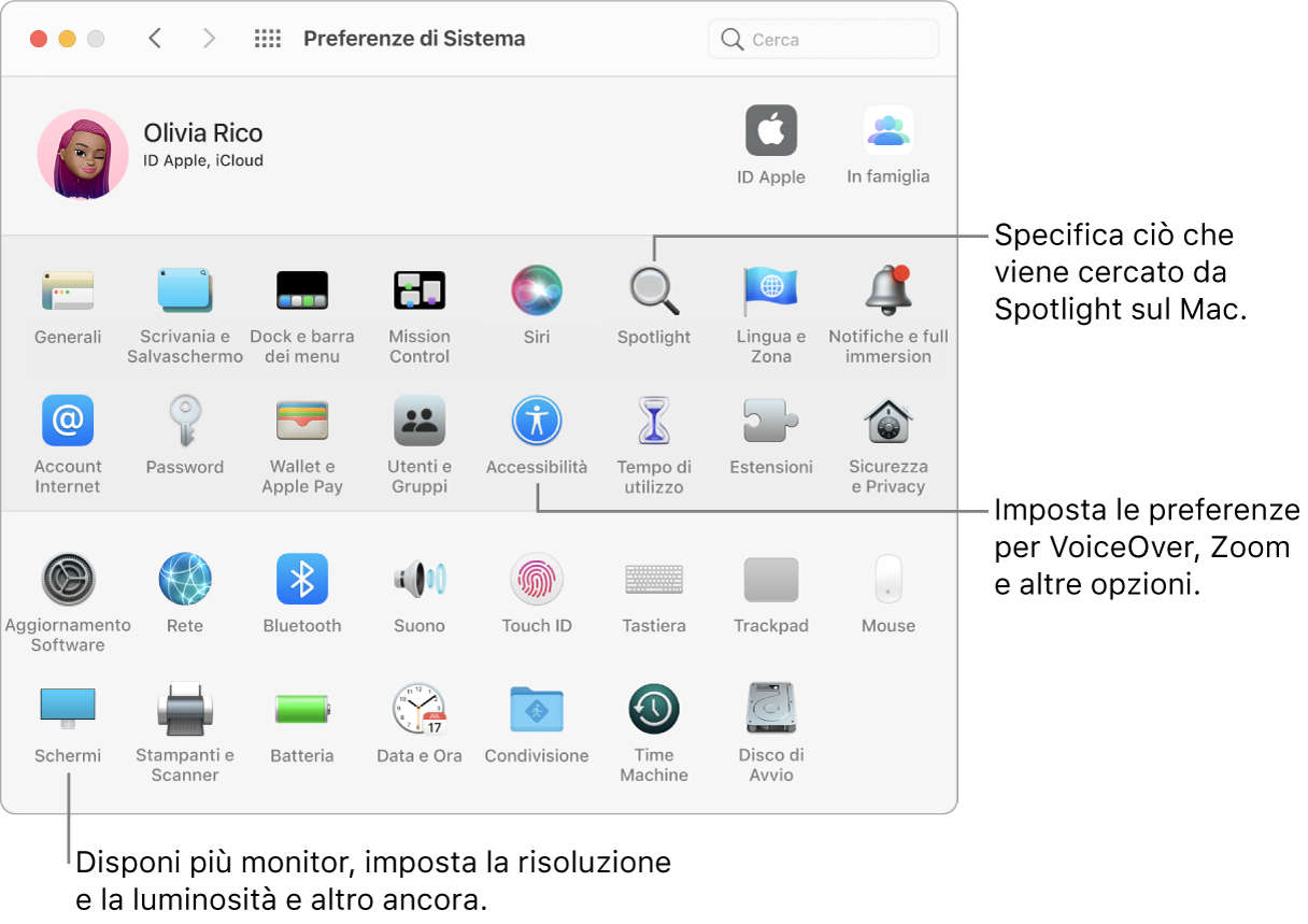 La finestra di Preferenze di Sistema, con didascalie indicanti le preferenze dello schermo, di Spotlight e di accessibilità.
