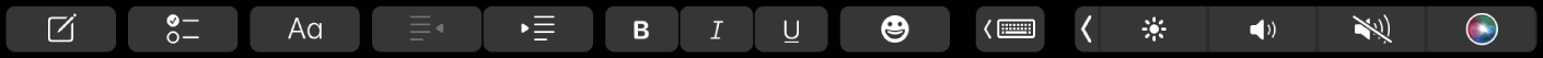 La Touch Bar di Note con i pulsanti per la formattazione del testo. Tra i controlli di formattazione sono inclusi: allineamento a destra e a sinistra, grassetto, corsivo e sottolineato. È presente anche un pulsante per mostrare i suggerimenti di scrittura.