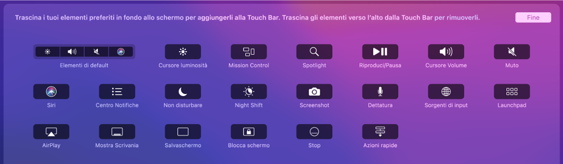 Gli elementi che puoi personalizzare in Control Strip, trascinandoli all'interno di Touch Bar.