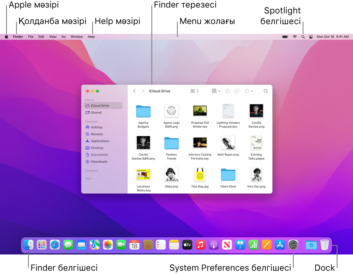 Apple мәзірін, App мәзірін, Help мәзірін, Finder терезесін, мәзір жолағын, Spotlight белгішесін, Finder белгішесін, System Preferences белгішесін және Dock тақтасын көрсетіп тұрған Mac экраны.