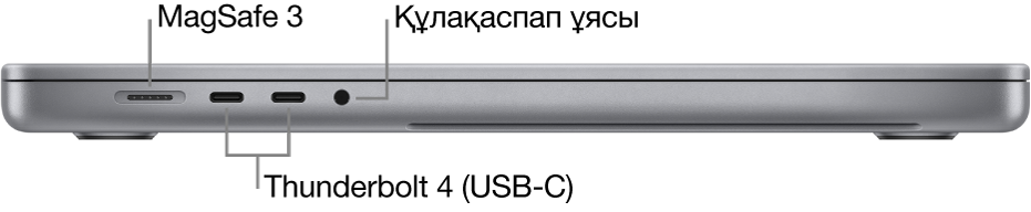 MagSafe 3 портына, екі Thunderbolt 4 (USB-C) портына және құлақаспап ұясына тілше деректері бар 16 дюймдік MacBook Pro компьютерінің сол жақ көрінісі.