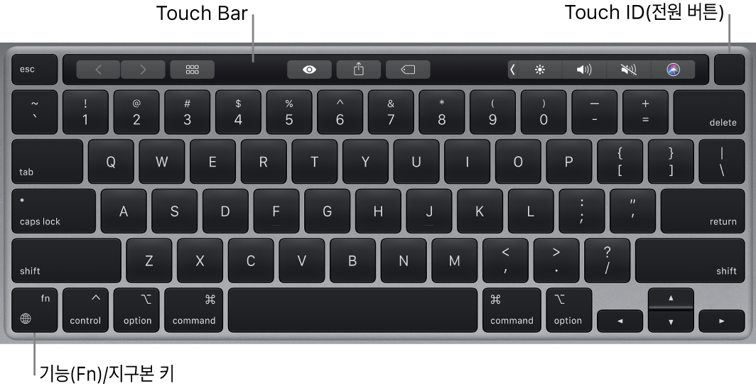 상단 전체에 있는 Touch Bar와 Touch ID(전원 버튼) 및 키보드의 왼쪽 하단 모서리에 있는 기능(Fn)/지구본 키를 보여주는 MacBook Pro 키보드.
