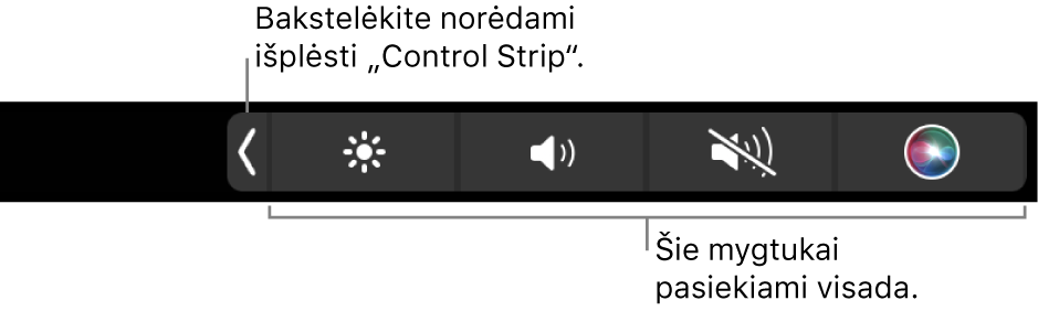 Numatytosios „Touch Bar“ ekrano dalis, kurioje rodoma sutraukta juosta „Control Strip“. Palieskite išplėtimo mygtuką, kad rodytumėte visą juostą „Control Strip“.