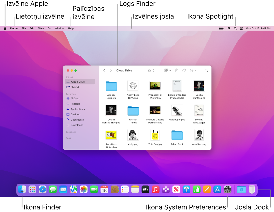 Mac datora ekrānā redzama Apple izvēlne, izvēlne App, izvēlne Help, lietotnes Finder logs, izvēlnes josla, ikona Spotlight, ikona Finder, ikona System Preferences un josla Dock.