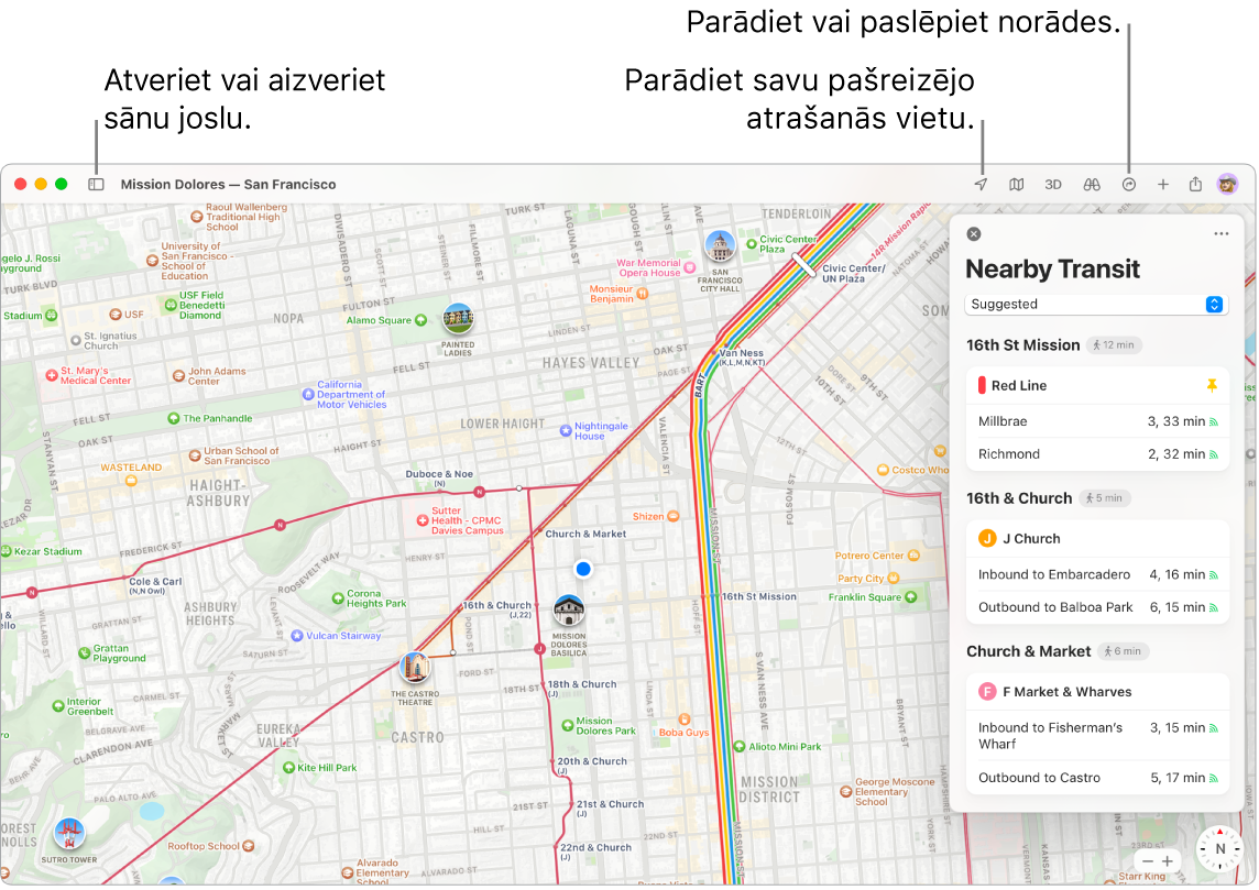 Lietotnes Maps logā redzams, kā iegūt norādes, klikšķinot uz galamērķa sānu joslā, kā atvērt vai aizvērt sānu joslu un kā atrast savu atrašanās vietu kartē.