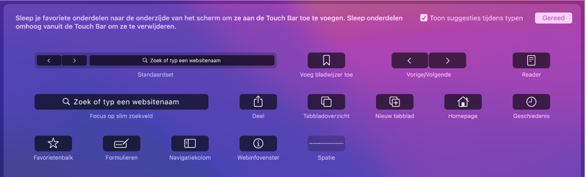 De Safari-regelaars die naar de Touch Bar kunnen worden gesleept.