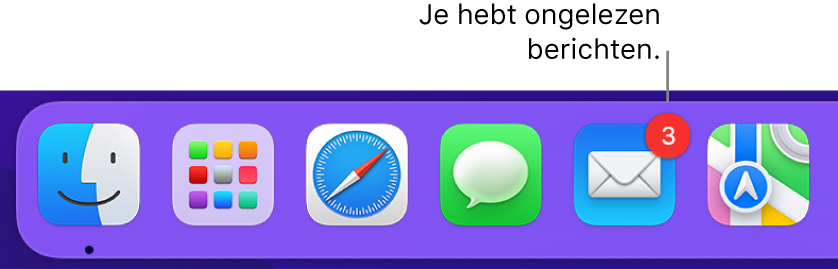 Een gedeelte van het Dock met daarin het appsymbool van Mail, met een badge die ongelezen berichten aangeeft.