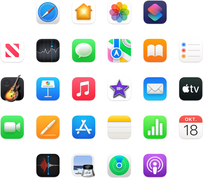 Symbolen van apps die met je MacBook Pro zijn meegeleverd.