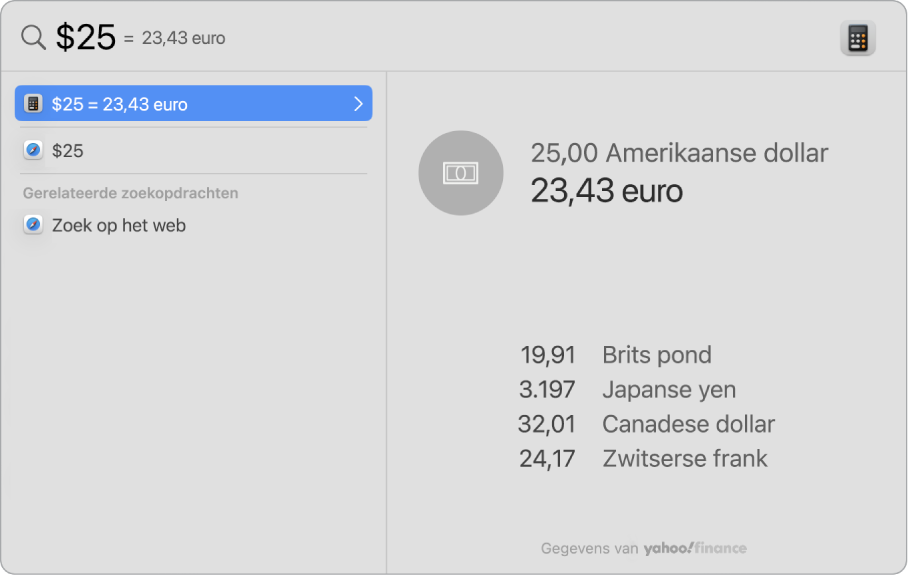 Een schermafbeelding met dollars omgerekend naar pesos en de omrekening als beste resultaat. Eronder staan verschillende andere resultaten die je kunt selecteren.