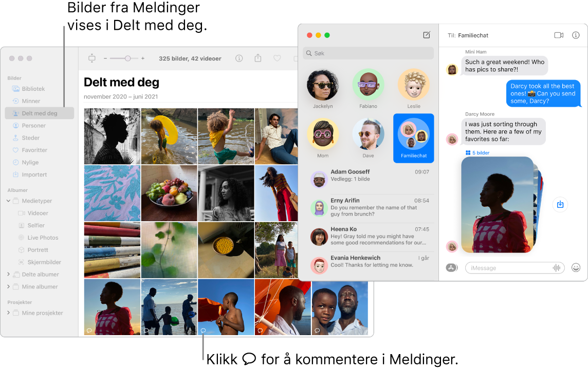 En Meldinger-samtale til høyre med et stabel med bilder, og Delt med deg-delen i et Bilder-vindu som viser bilder som er delt fra Meldinger-appen.