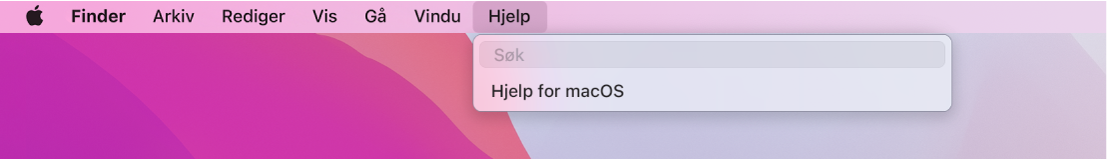 En del av et skrivebord med Hjelp-menyen åpen som viser menyvalgene Søk og Hjelp for macOS.