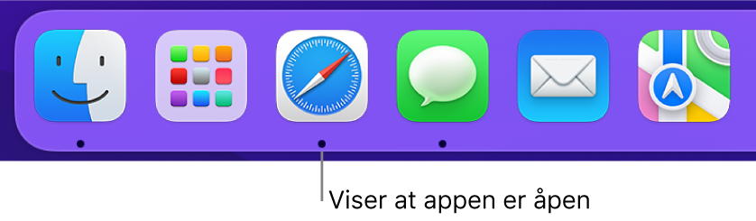En del av Dock med svarte prikker under åpne apper.