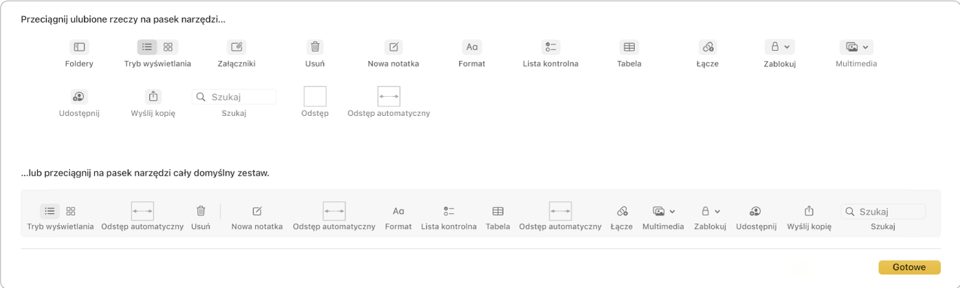 Okno Notatek przedstawiające opcje dotyczące dostosowywania paska narzędzi.