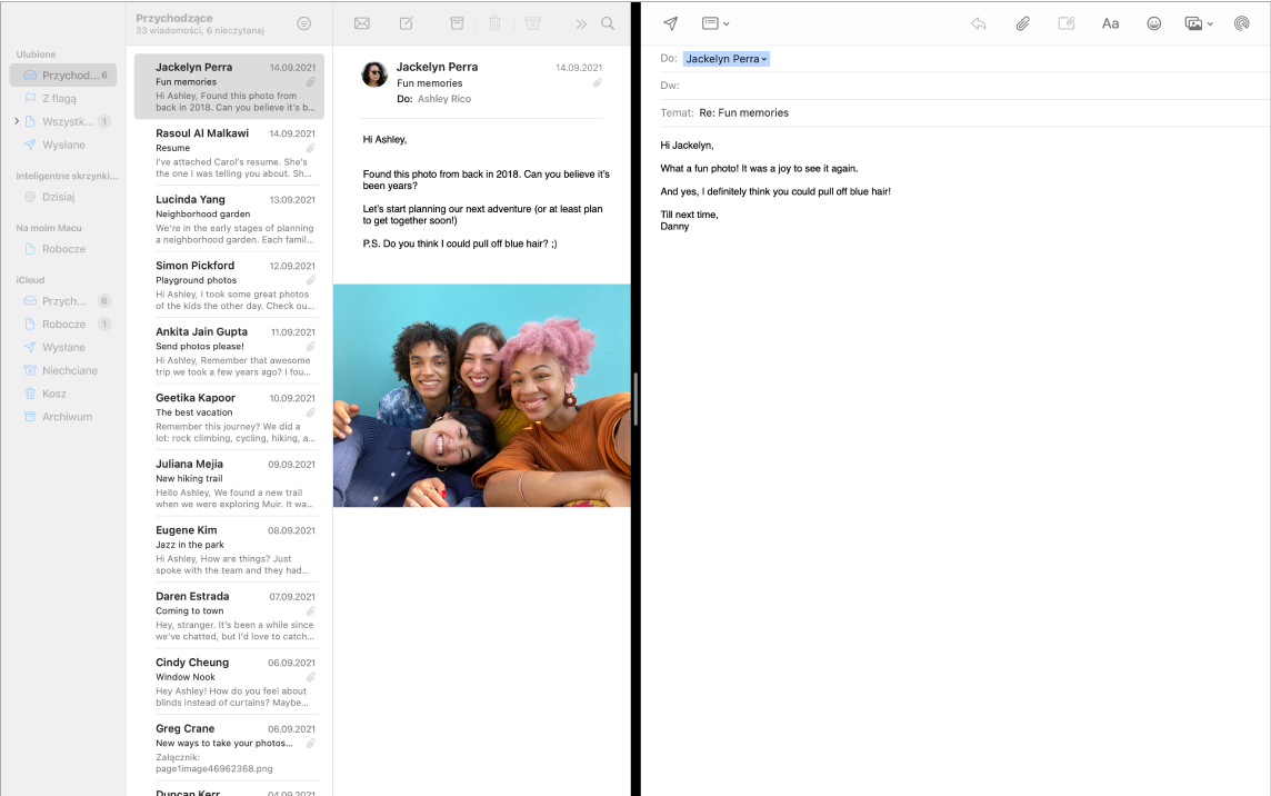 Okno aplikacji Mail podzielone na części pokazujące dwie wiadomości obok siebie.
