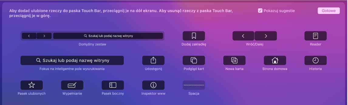 Opcje dostosowania Safari, które można przeciągać na pasek Touch Bar.