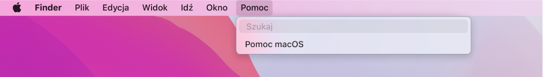 Częściowy widok Biurka z rozwiniętym menu Pomoc oraz polecenia menu Szukaj i Pomoc macOS.