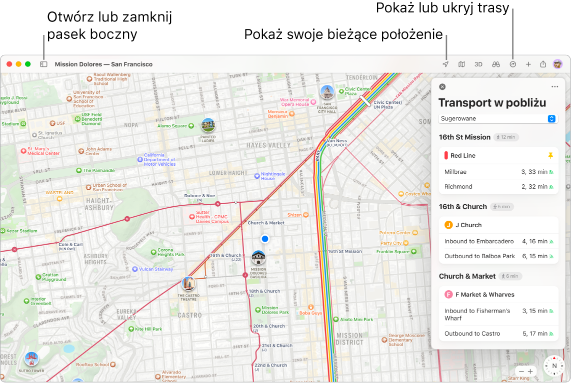 Okno aplikacji Mapy, przedstawiające sposób uzyskiwania wskazówek nawigacji przez kliknięcie w miejsce docelowe na pasku bocznym, sposób otwierania i zamykania paska bocznego oraz sposób znajdowania na mapie swojego bieżącego położenia.