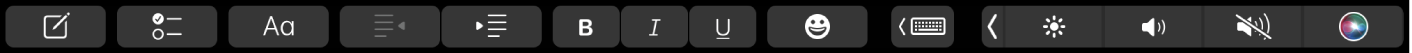 Pasek Touch Bar z przyciskami formatowania tekstu. Dostępne są narzędzia wyrównywania (do lewej i prawej) oraz formatowania tekstu jako pogrubionego, kursywy i podkreślonego. Wyświetlany jest także przycisk sugestii pisania.