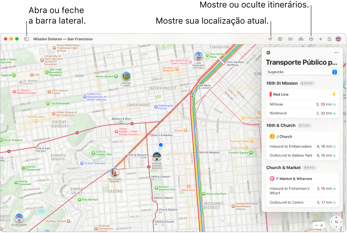 Uma janela do app Mapas mostrando como clicar em um destino na barra lateral para obter itinerários, como abrir e fechar a barra lateral, e como encontrar sua localização atual no mapa.