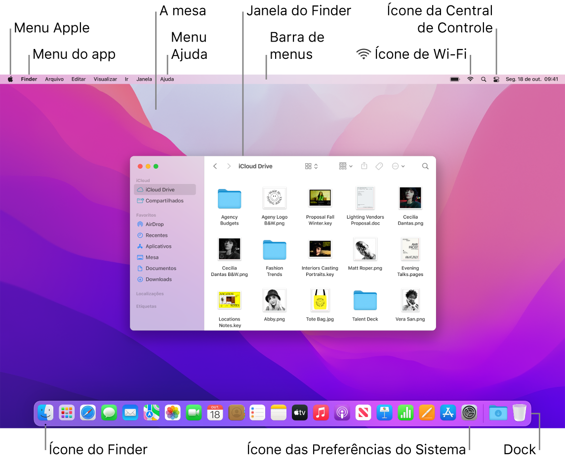 Tela do Mac mostrando o menu Apple, o menu do app, a mesa, o menu Ajuda, uma janela do Finder, a barra de menus, o ícone de Wi-Fi, o ícone da Central de Controle, o ícone do Finder, o ícone das Preferências do Sistema e o Dock.