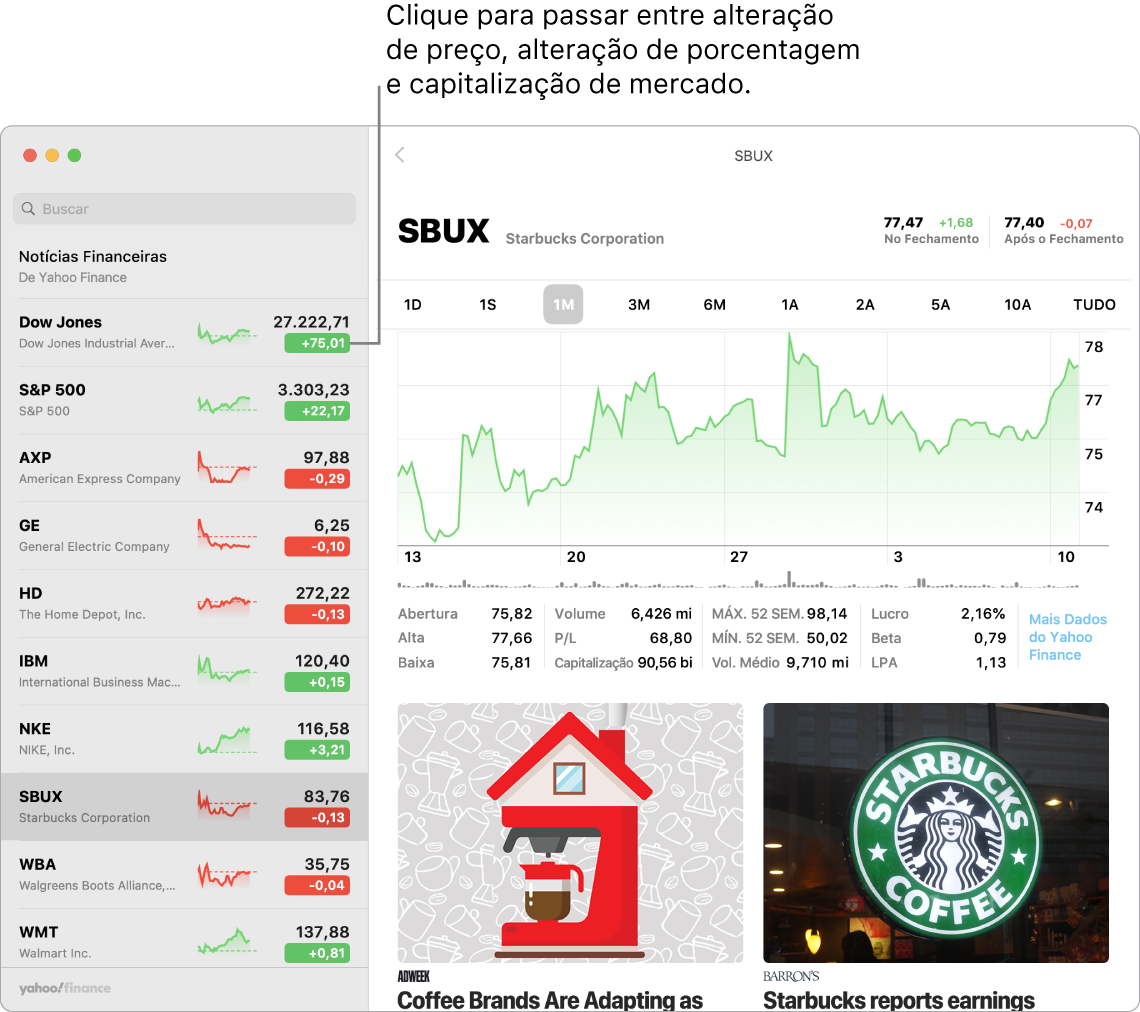 Um tela do app Bolsa mostrando informações e artigos sobre a ação selecionada, com a chamada “Clique para alternar entre variação de preço, variação percentual e capitalização de mercado”.
