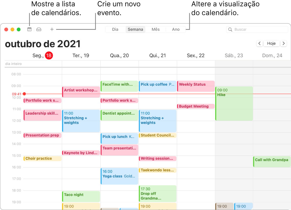 Uma janela do Calendário mostrando a lista de calendários, como criar um evento e como escolher a visualização por Dia, Semana, Mês ou Ano.