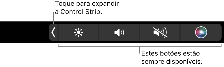 Ecrã parcial da Touch Bar predefinida a mostrar a Control Strip comprimida. Toque no botão de expandir para ver a Control Strip completa.