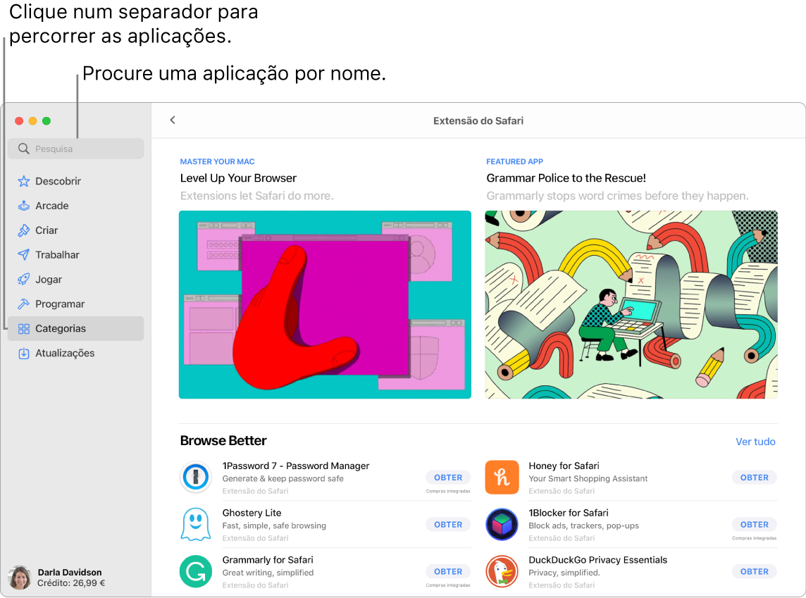 Janela da App Store com o campo de pesquisa e uma página das extensões do Safari.