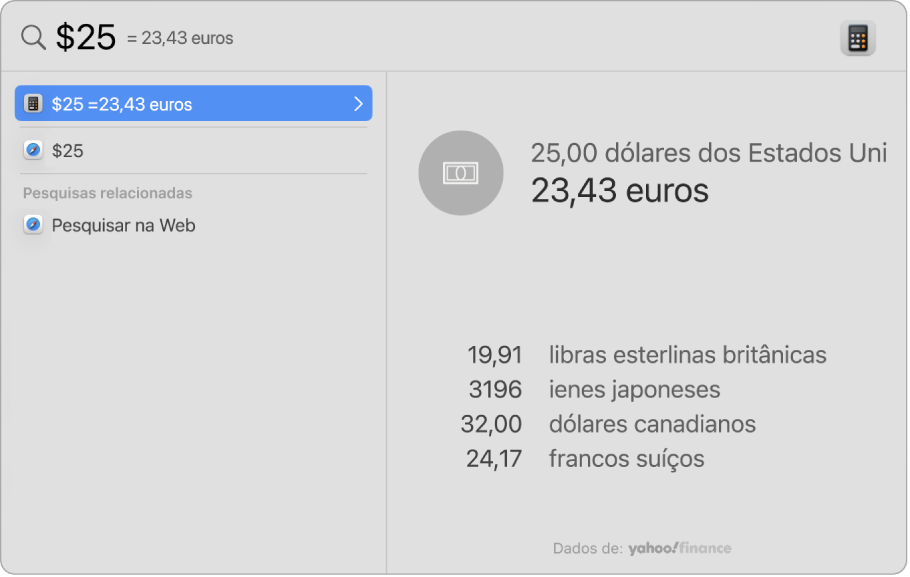 Uma captura de ecrã a mostrar dólares convertidos em pesos com um resultado relevante a mostrar a conversão e vários resultados selecionáveis.