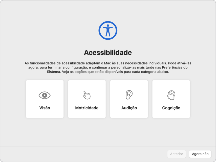 Um ecrã do Mac com o Assistente de Configuração a mostrar o ecrã de boas-vindas.