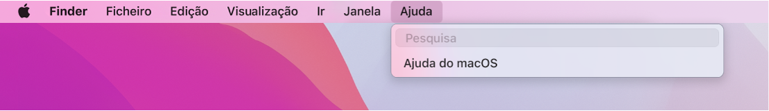 Parte da secretária visível, com o menu Ajuda aberto, a mostrar as opções de menu Pesquisar e Ajuda do macOS.