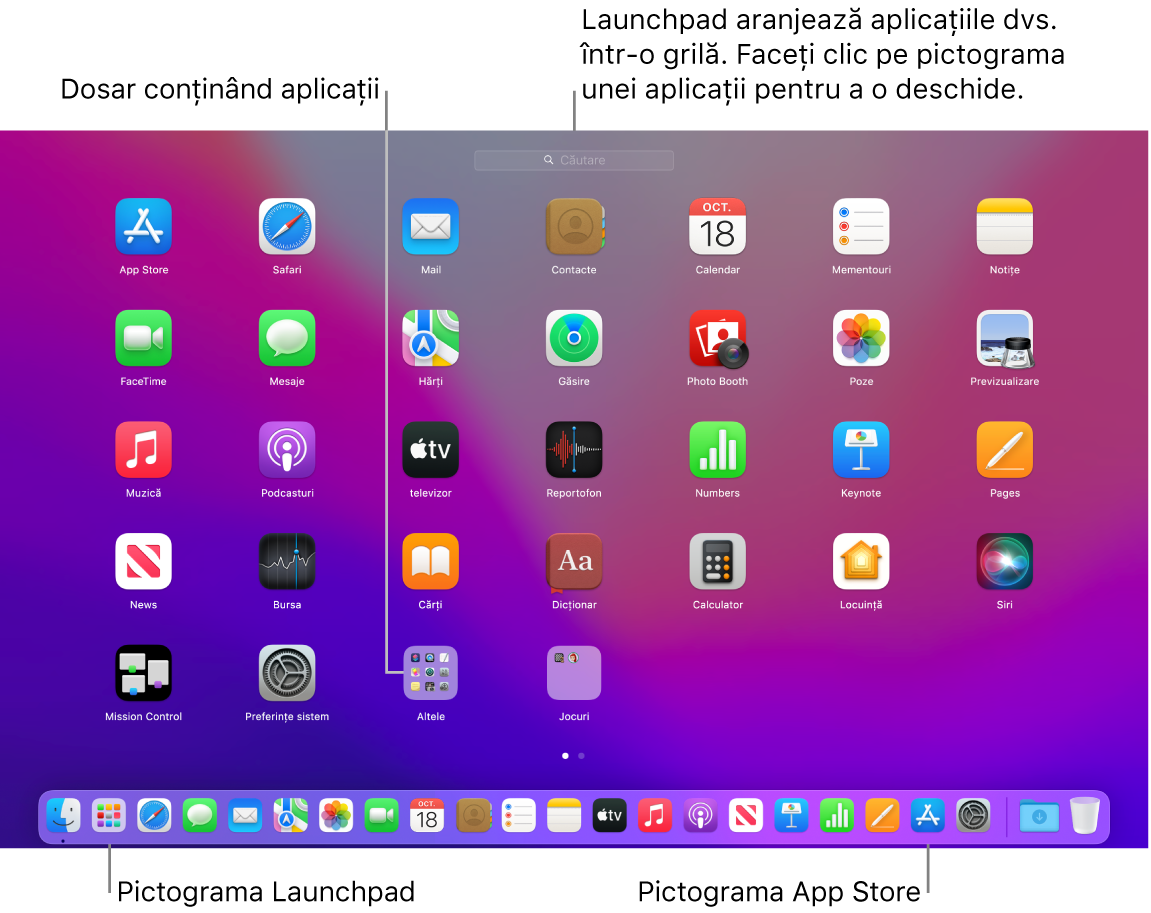 Un ecran de Mac cu Launchpad deschis, afișând un dosar de aplicații din Launchpad, pictograma Launchpad și pictograma App Store din Dock.