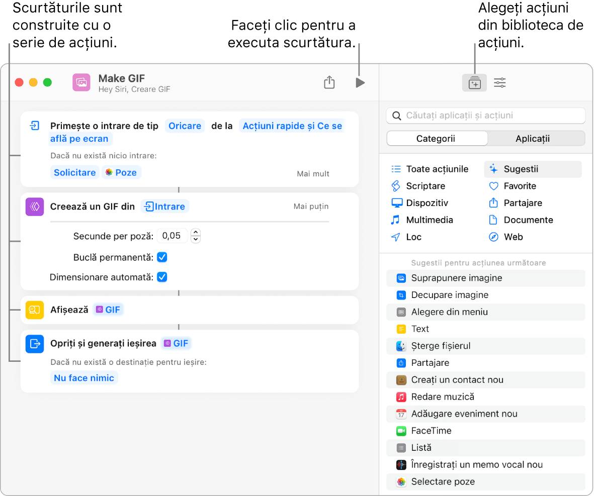 Editorul de scurtături Creare GIF în stânga și biblioteca de acțiuni în dreapta.