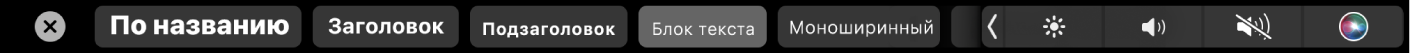 Панель Touch Bar для Заметок. Показаны кнопки стилей абзацев (в том числе название, заголовок или блок текста) и кнопки вариантов списков (с маркерами, тире или номерами).