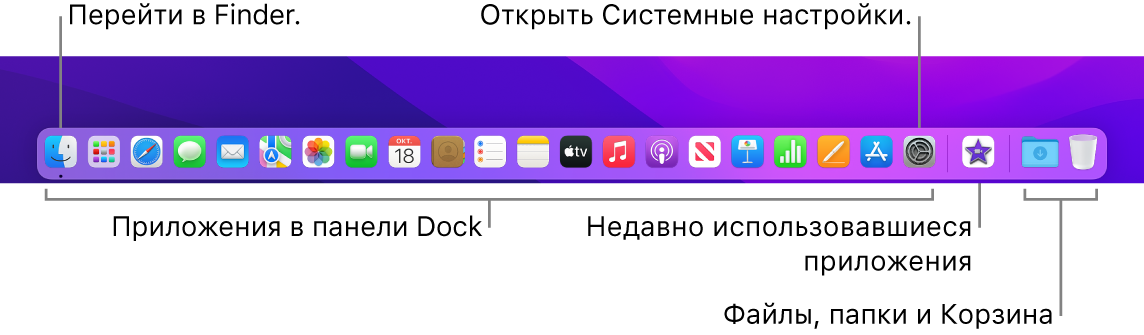 Панель Dock. Показаны значки Finder и Системных настроек, а также линия, отделяющая приложения от файлов и папок.
