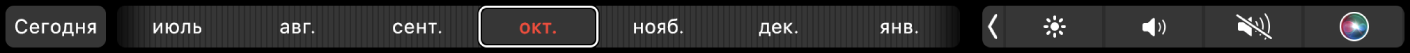 Панель Touch Bar в Календаре. Показаны кнопка «Сегодня» и бегунок для выбора месяца.