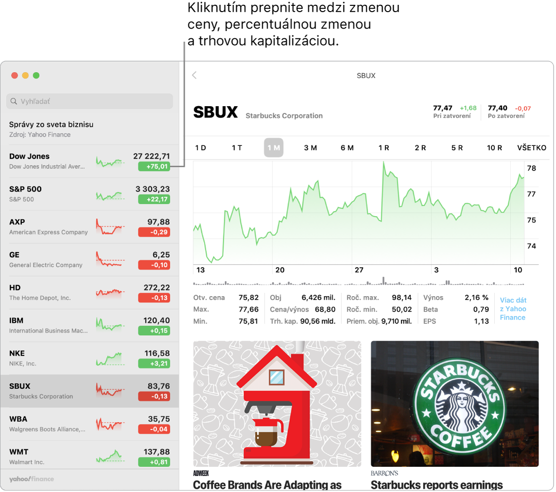 Na obrazovke aplikácie Akcie sa zobrazujú informácie a články o vybraných akciách s popisom „Kliknutím môžete prepínať medzi zmenou ceny, percentuálnou zmenou a trhovou kapitalizáciou“.
