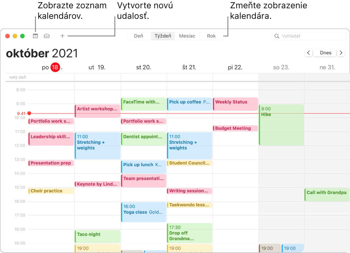 Okno aplikácie Kalendár zobrazujúce zoznam kalendára, ako vytvoriť udalosť a ako vybrať zobrazenie Deň, Týždeň, Mesiac a Rok.