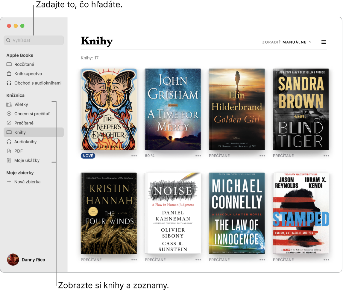 Okno aplikácie Knihy znázorňujúce zobrazenie kníh, prechádzanie spravovaného obsahu a vyhľadávanie.