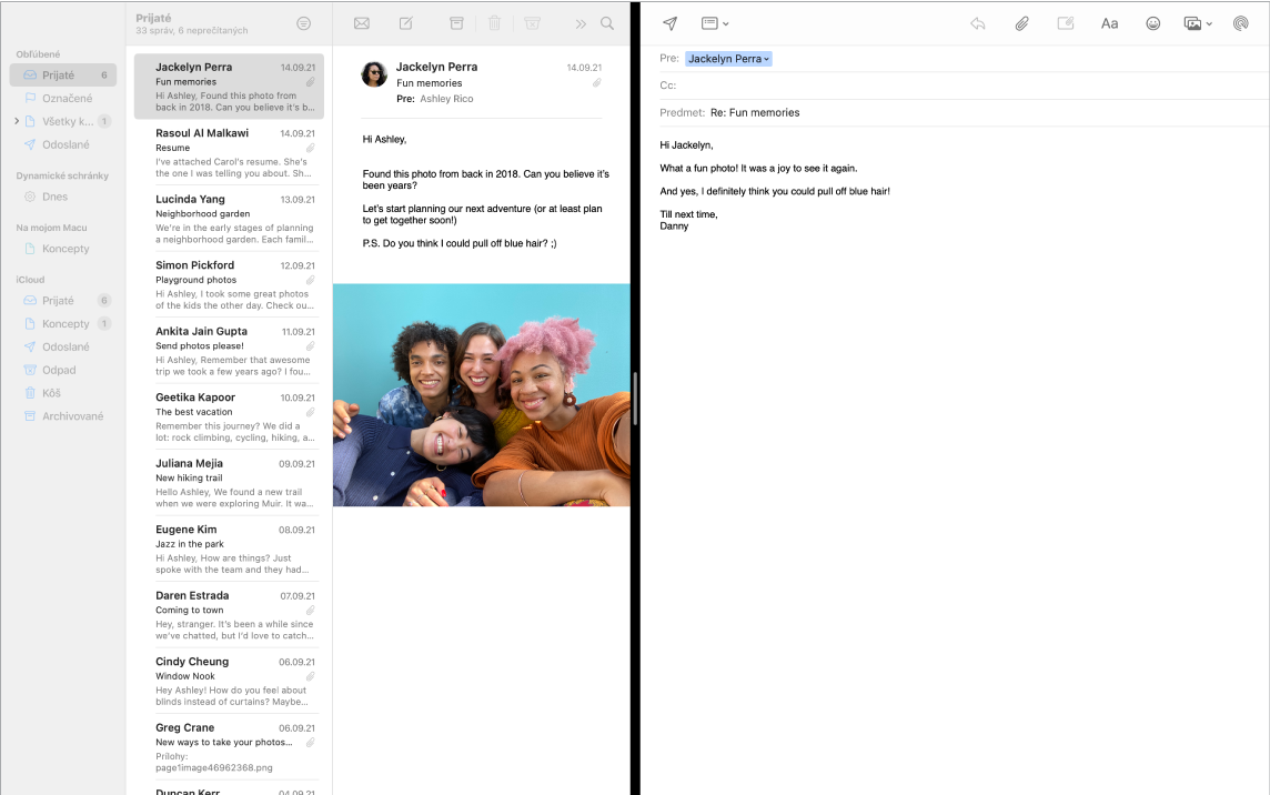 Okno aplikácie Mail na rozdelenej obrazovke, v ktorom sa zobrazujú dve správy vedľa seba.
