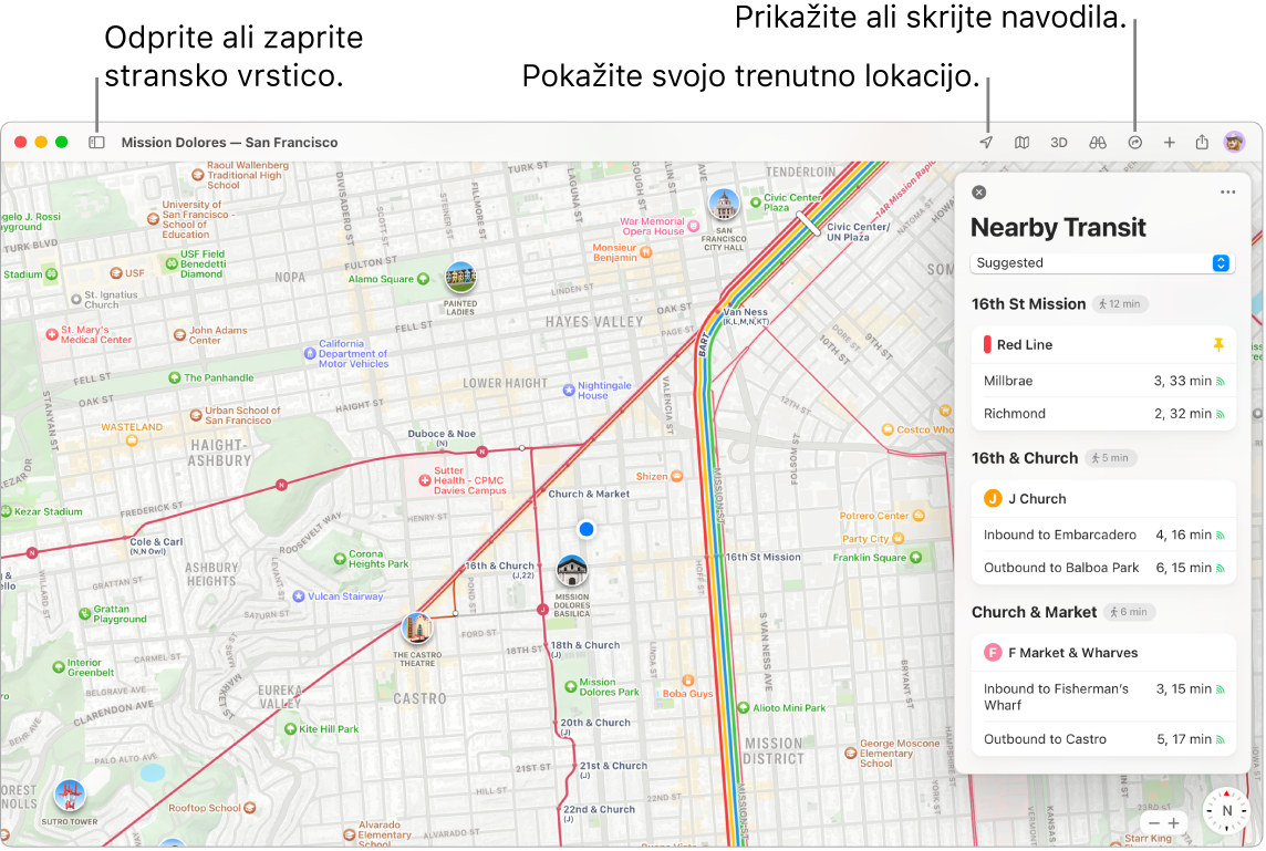 Okno aplikacije Maps, v katerem je prikazano, kako pridete do destinacije, tako, da jo kliknete v stranski vrstici, kako odprete ali zaprete stransko vrstico in kako na zemljevidu najdete svojo trenutno lokacijo.